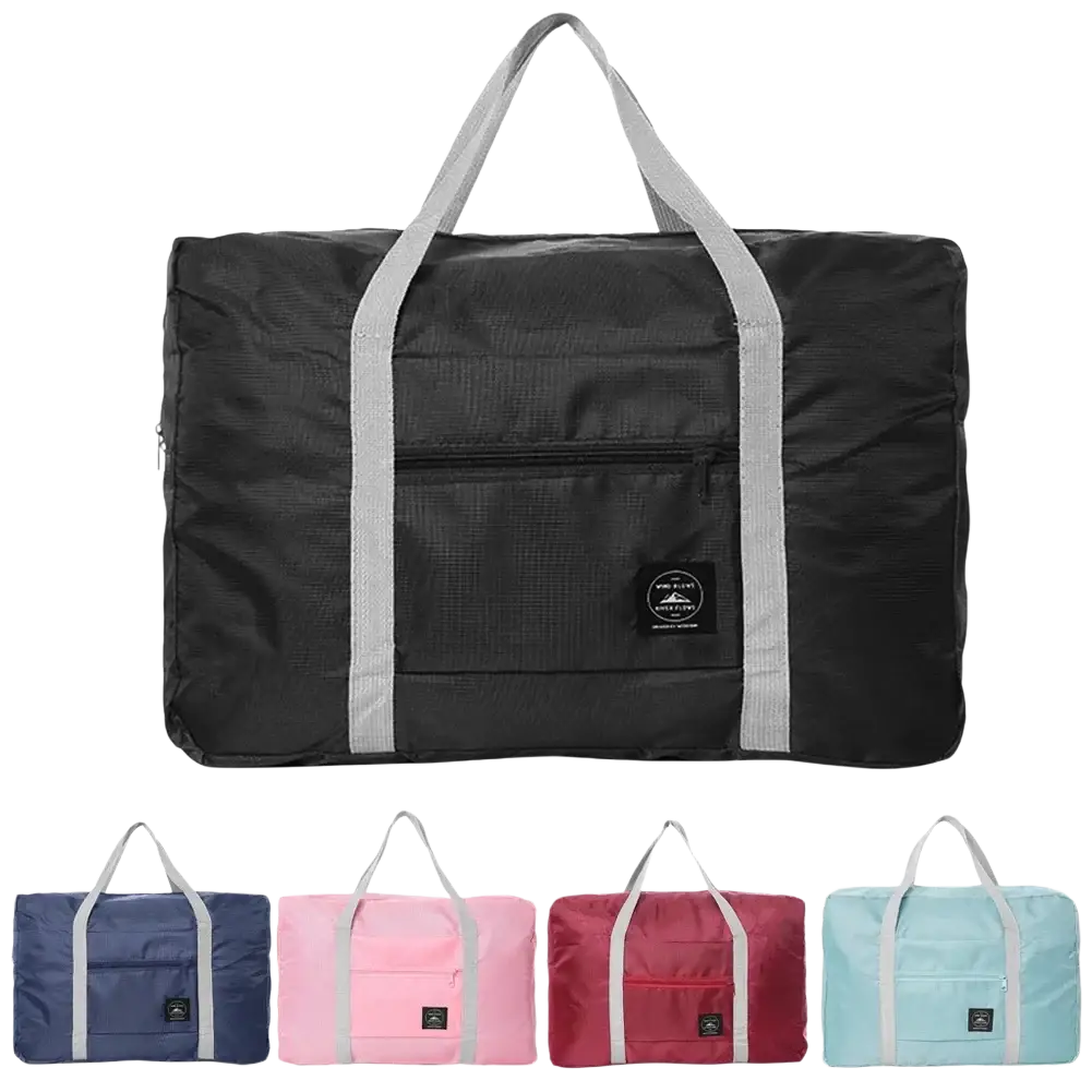 Black foldable waterproof travel duffel bag with gray reinforced handles and front zippered pocket with logo patch