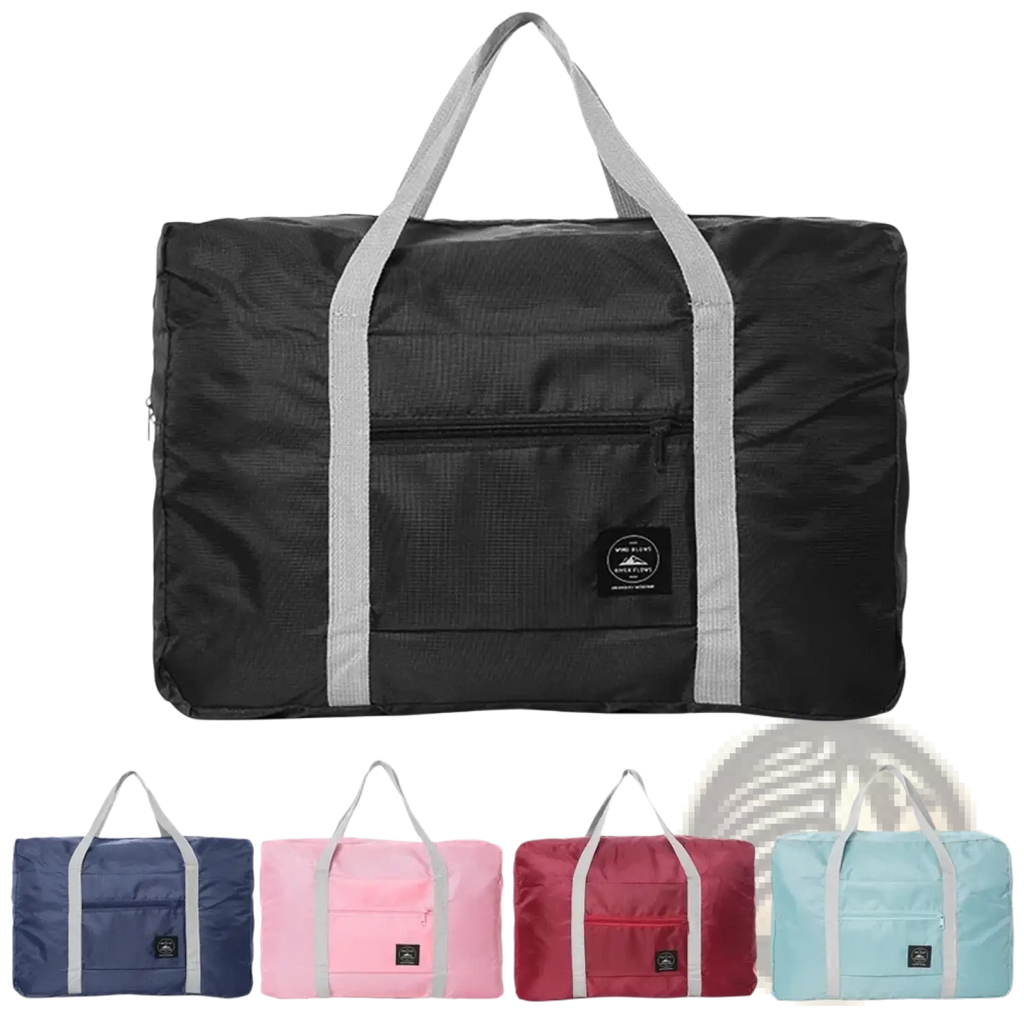Black foldable waterproof travel duffel bag with gray reinforced handles and front zippered pocket with logo patch
