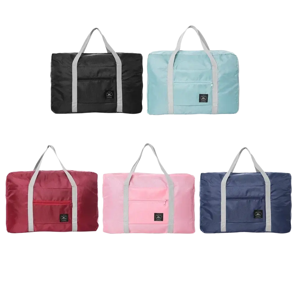 Compact foldable travel duffel bag waterproof luggage tote in black, blue, burgundy, pink, and navy with gray handles