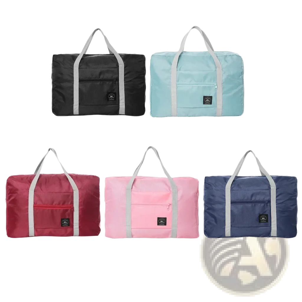 Compact foldable travel duffel bag waterproof luggage tote in black, blue, burgundy, pink, and navy with gray handles