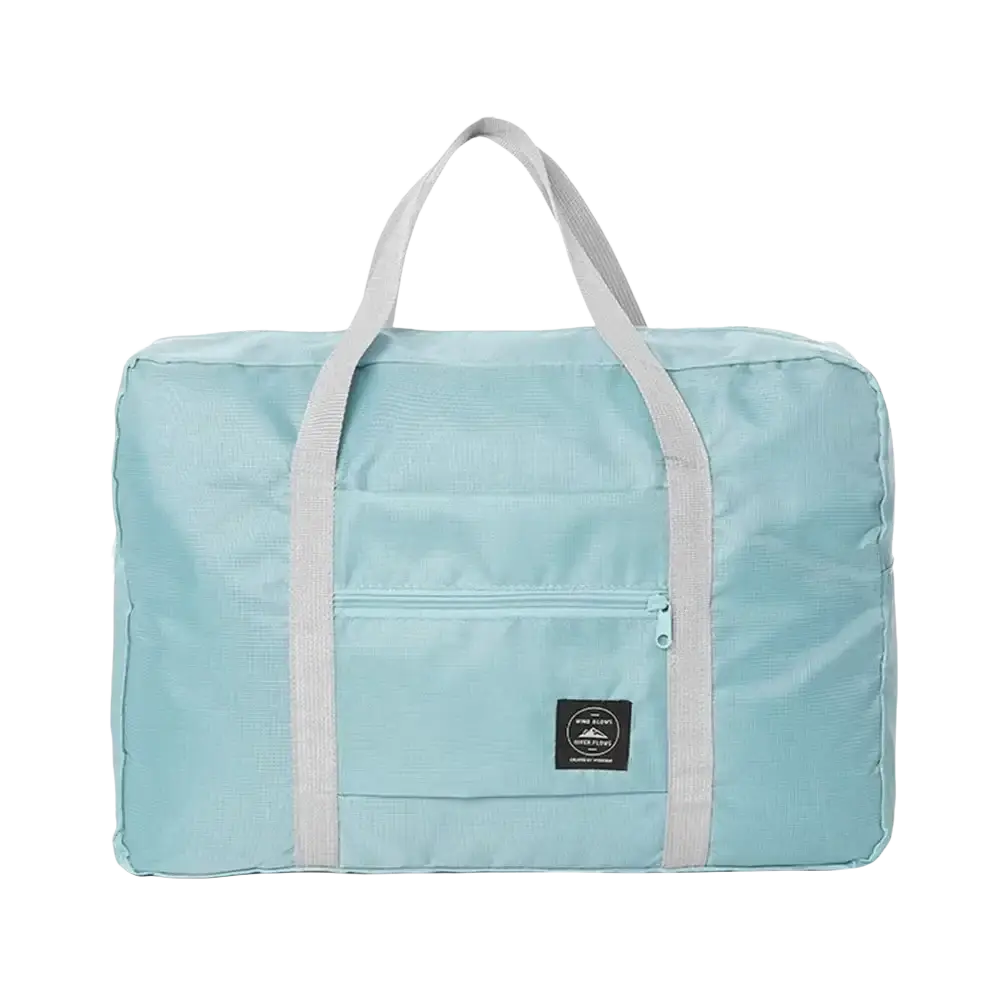 Light blue foldable travel duffel bag with gray handles and front zippered pocket waterproof luggage tote