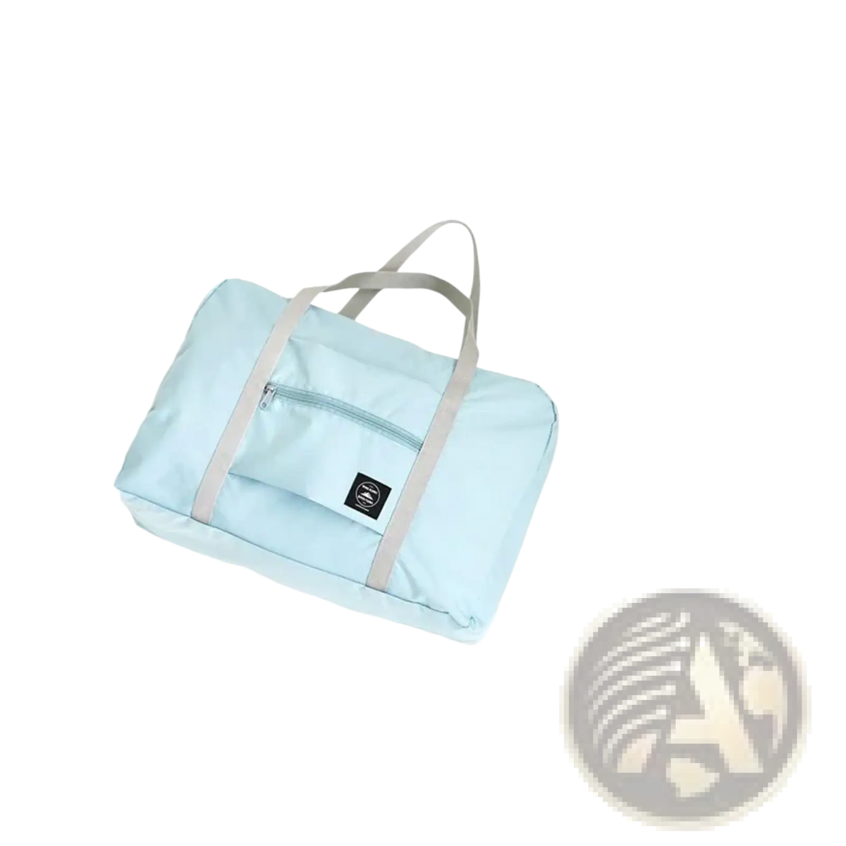 Light blue foldable travel duffel bag with gray straps and black logo patch waterproof luggage tote