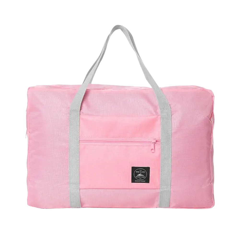 Pink foldable waterproof travel duffel bag with gray handles front zippered pocket and black brand patch