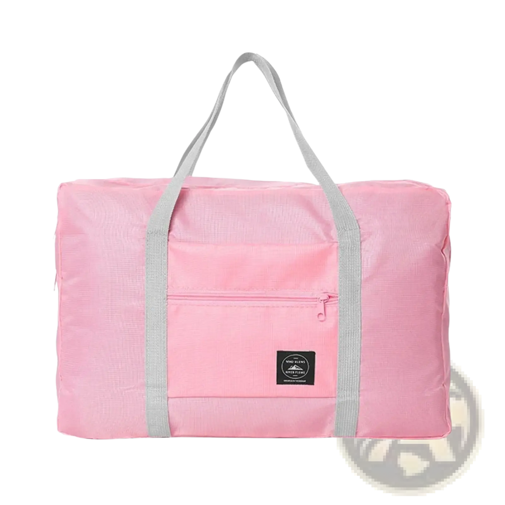 Pink foldable waterproof travel duffel bag with gray handles front zippered pocket and black brand patch