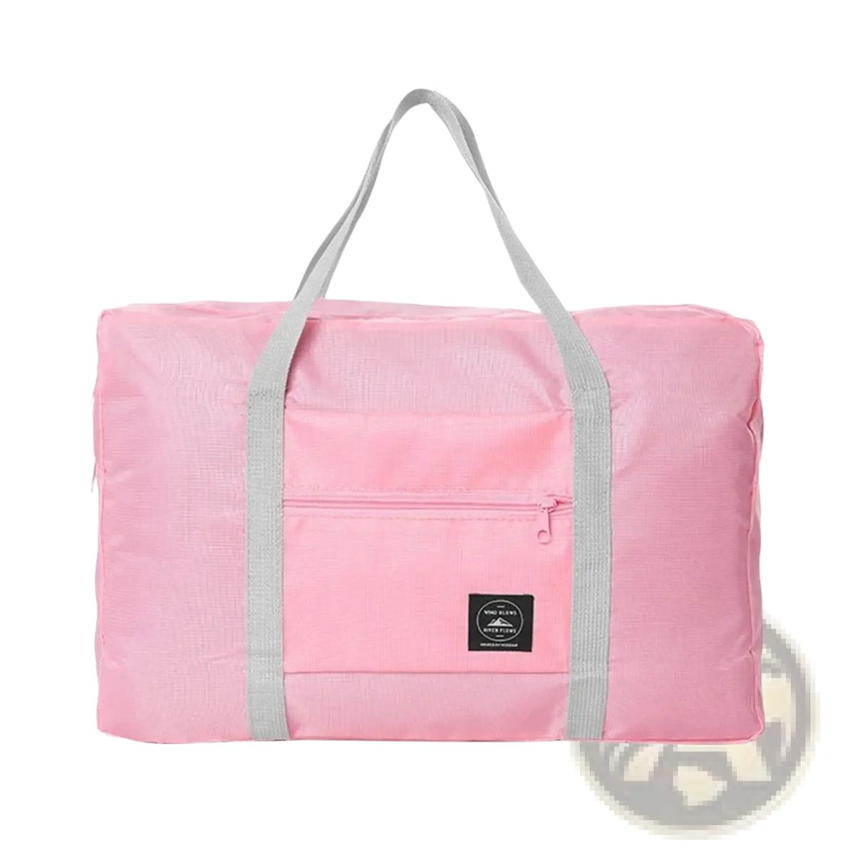 Pink foldable waterproof travel duffel bag with gray handles front zippered pocket and black brand patch