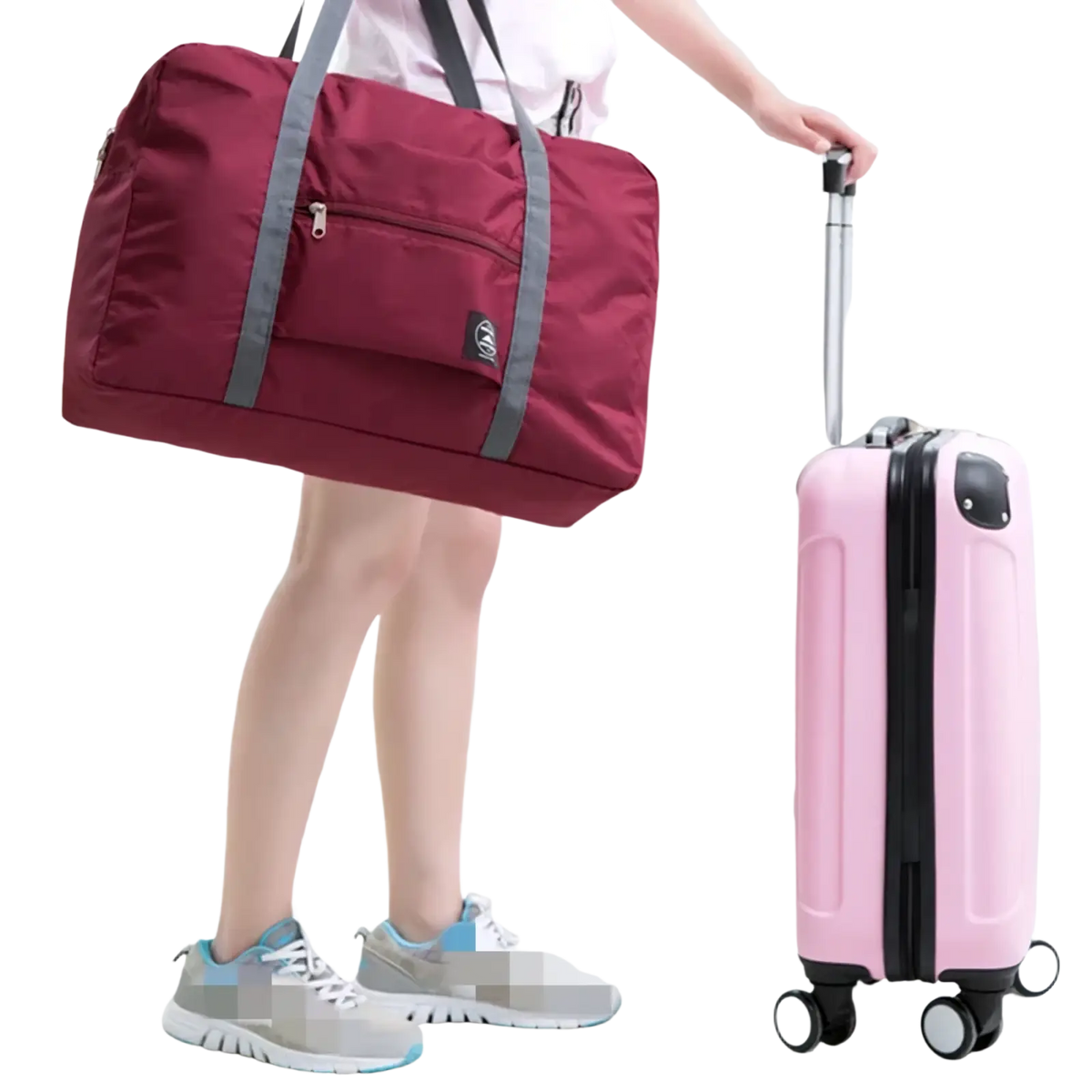 Foldable travel duffle bag lightweight nylon tote in maroon with gray reinforced straps and a small black logo patch