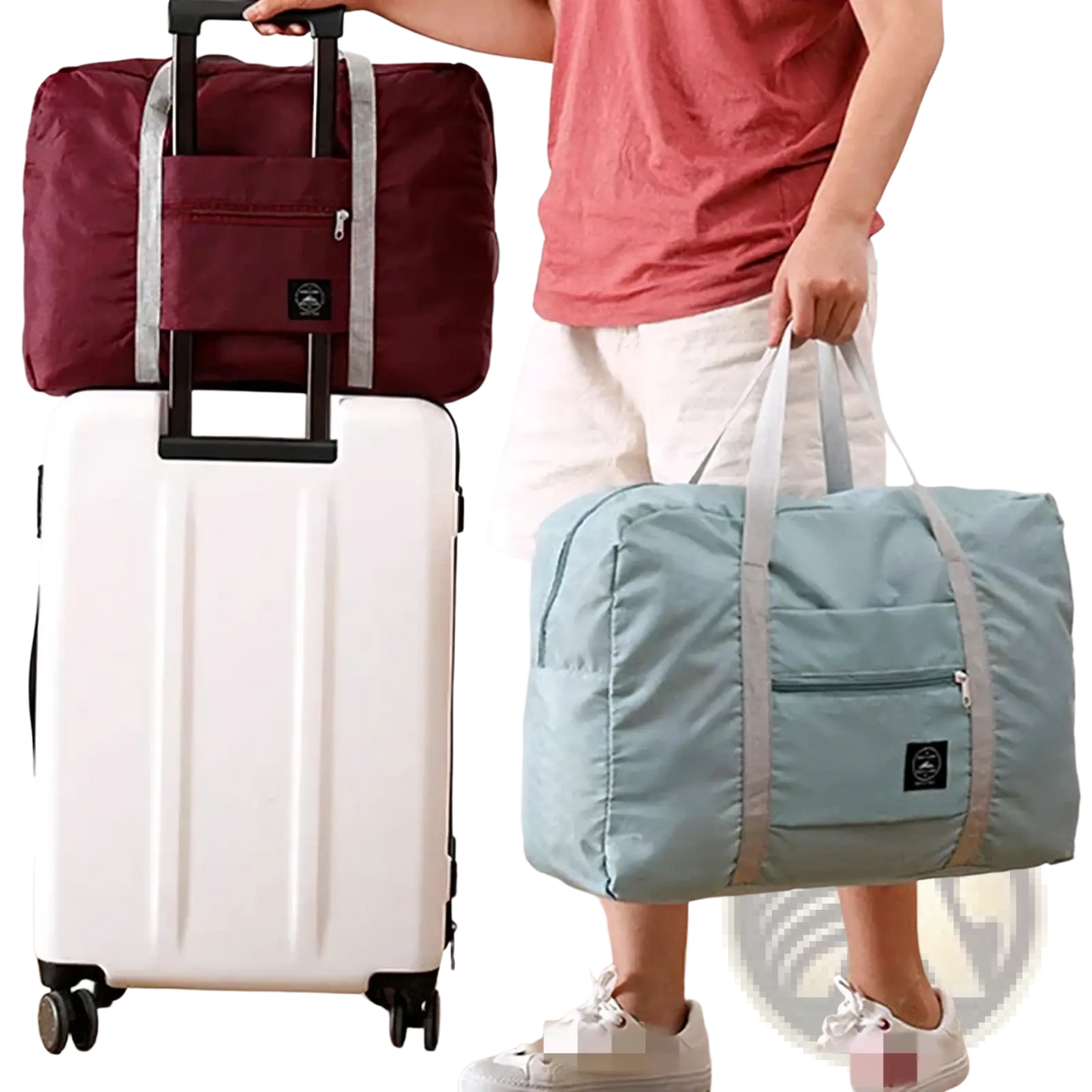 Foldable travel duffle bags in maroon and light blue lightweight nylon with gray straps and zippers for easy carrying