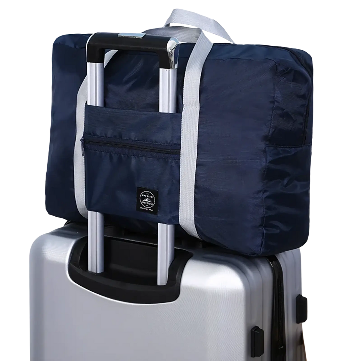 Navy blue foldable travel duffle bag with silver zipper and handle straps lightweight nylon tote for travel use