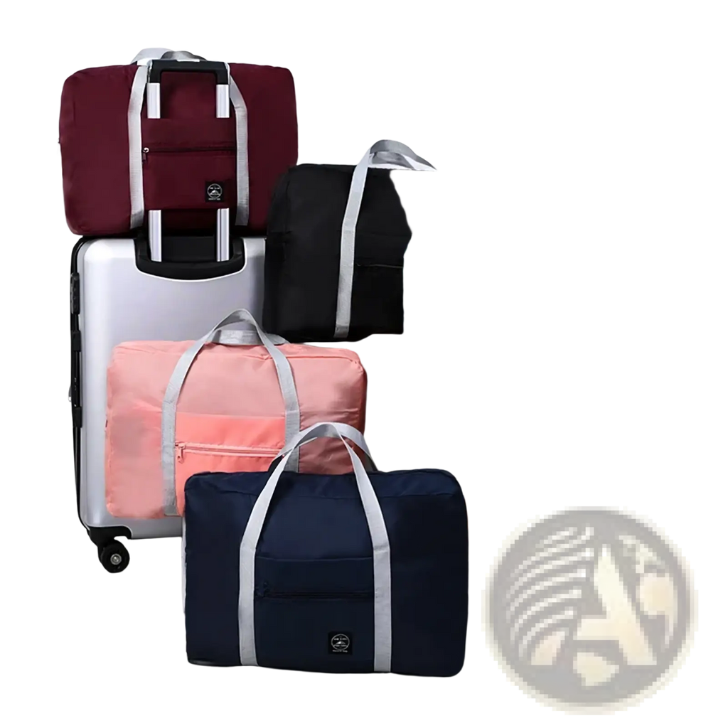 Set of five colorful lightweight foldable nylon travel duffle bags in maroon black light blue pink and navy with gray straps
