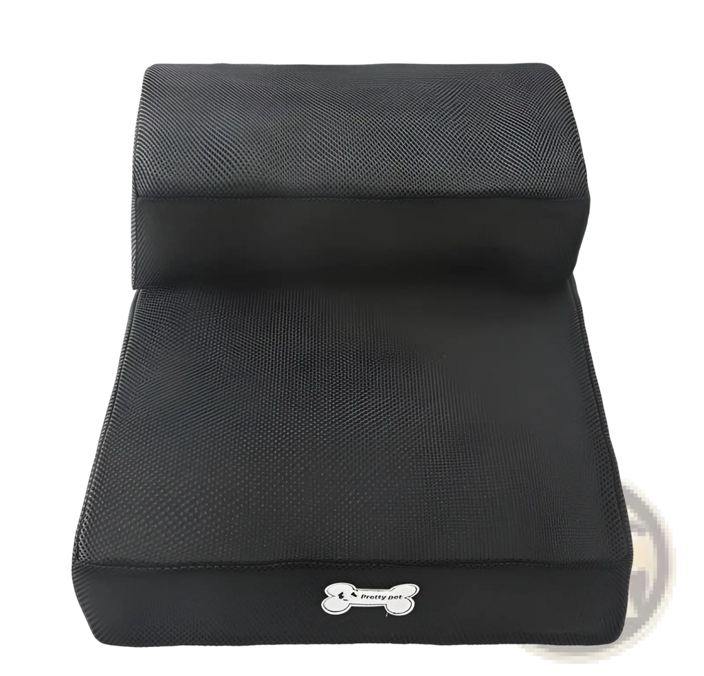 Black foldable two-step pet ramp with textured mesh fabric and white bone-shaped logo for easy pet access