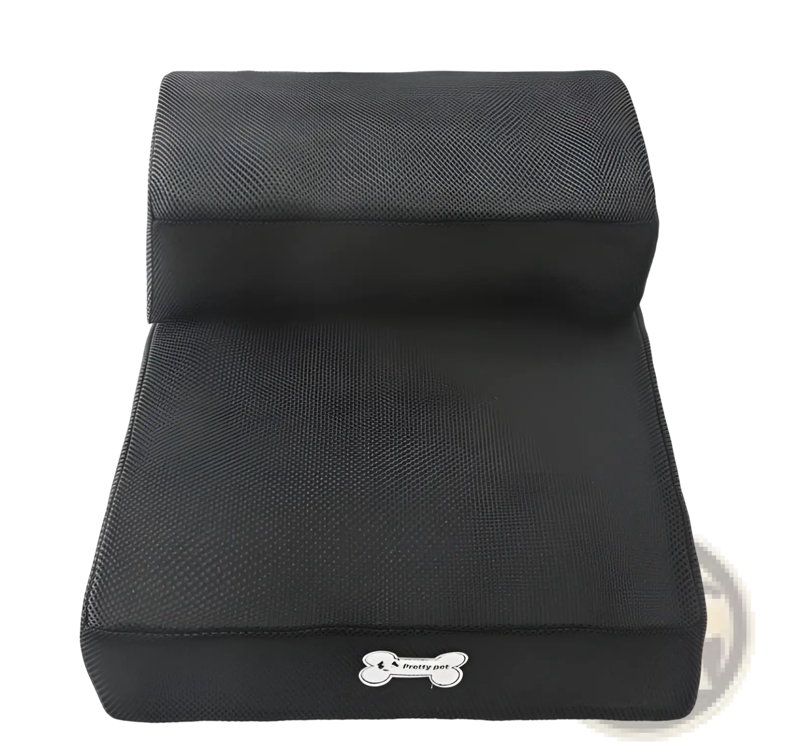Black foldable two-step pet ramp with textured mesh fabric and white bone-shaped logo for easy pet access