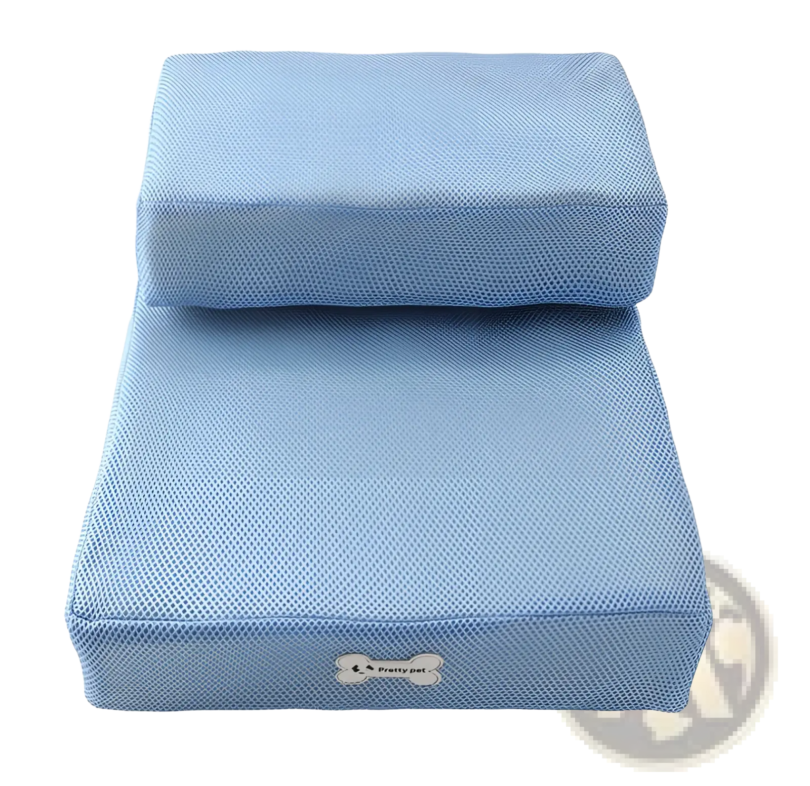 Light blue foldable two-step mesh pet stairs with a smaller cushion stacked on top for easy pet access