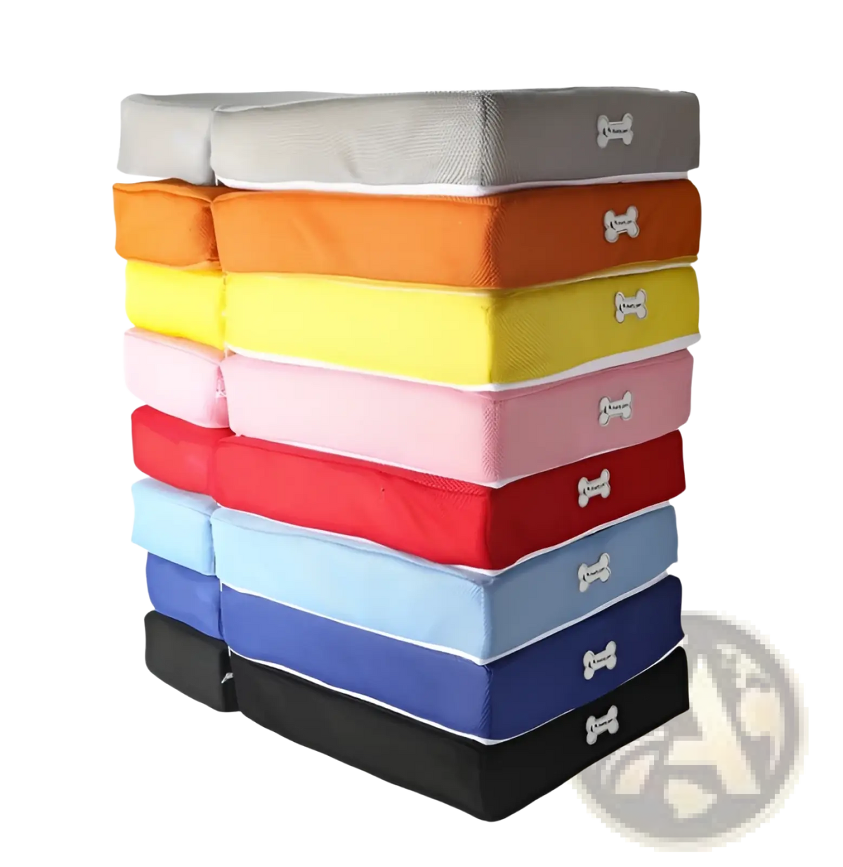 Stack of colorful foldable two-step mesh pet stairs with bone-shaped logo patches made of breathable mesh fabric