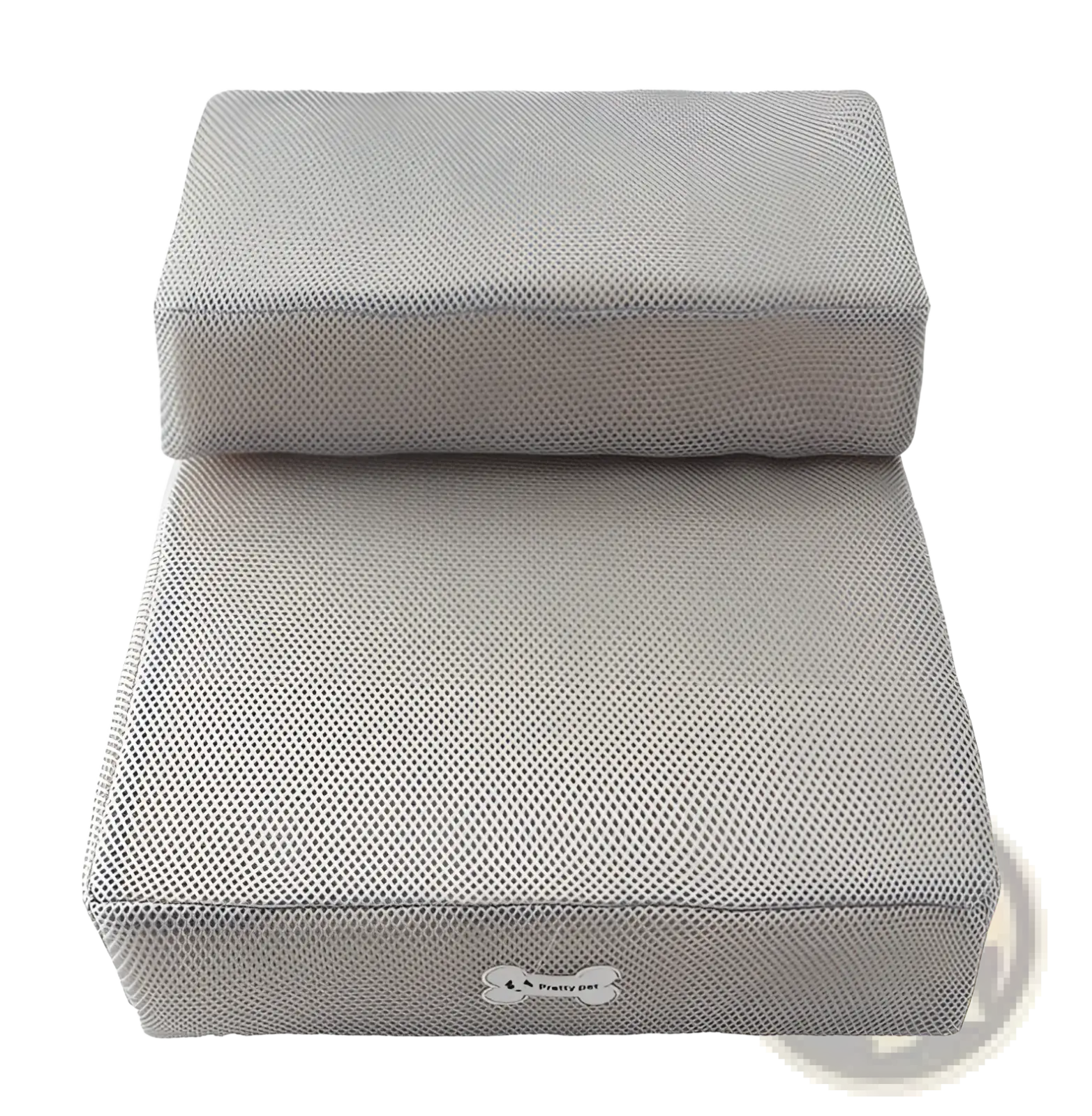 Foldable two-step gray mesh pet stairs with bone-shaped logo on the bottom step for small pets