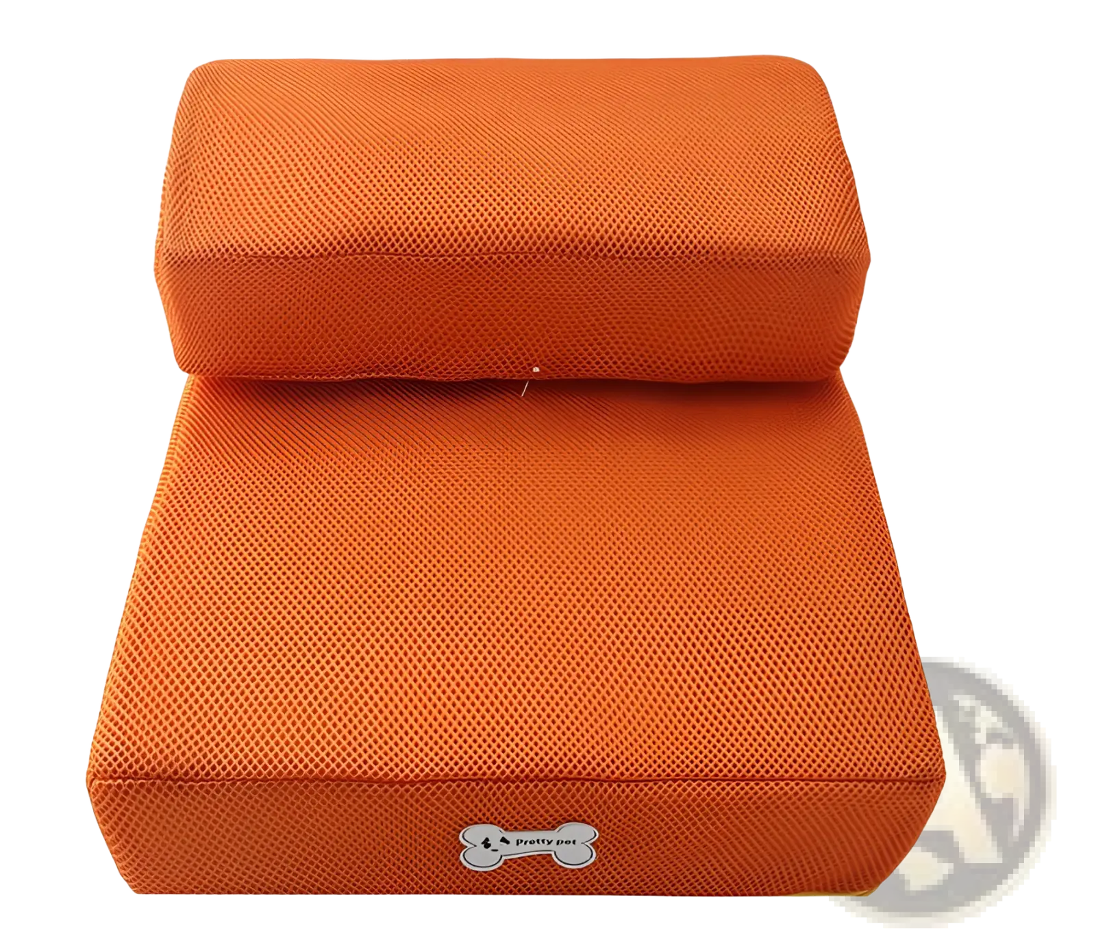 Foldable two-step orange mesh pet stairs featuring a bone-shaped logo on the front for small pets