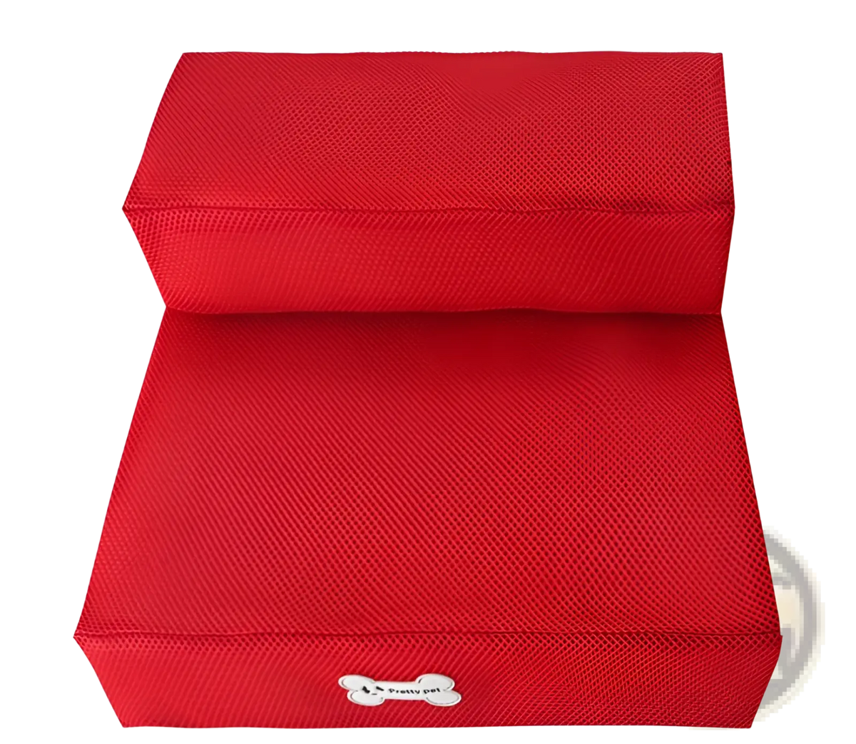 Red foldable two-step mesh pet stairs with textured fabric and white bone-shaped logo on the lower step