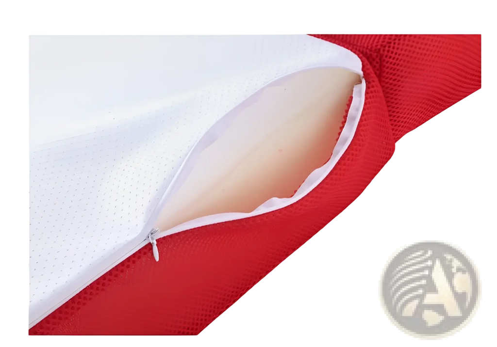 Foldable two-step mesh pet stairs with a red and white mesh-covered pillow and beige foam insert for comfort