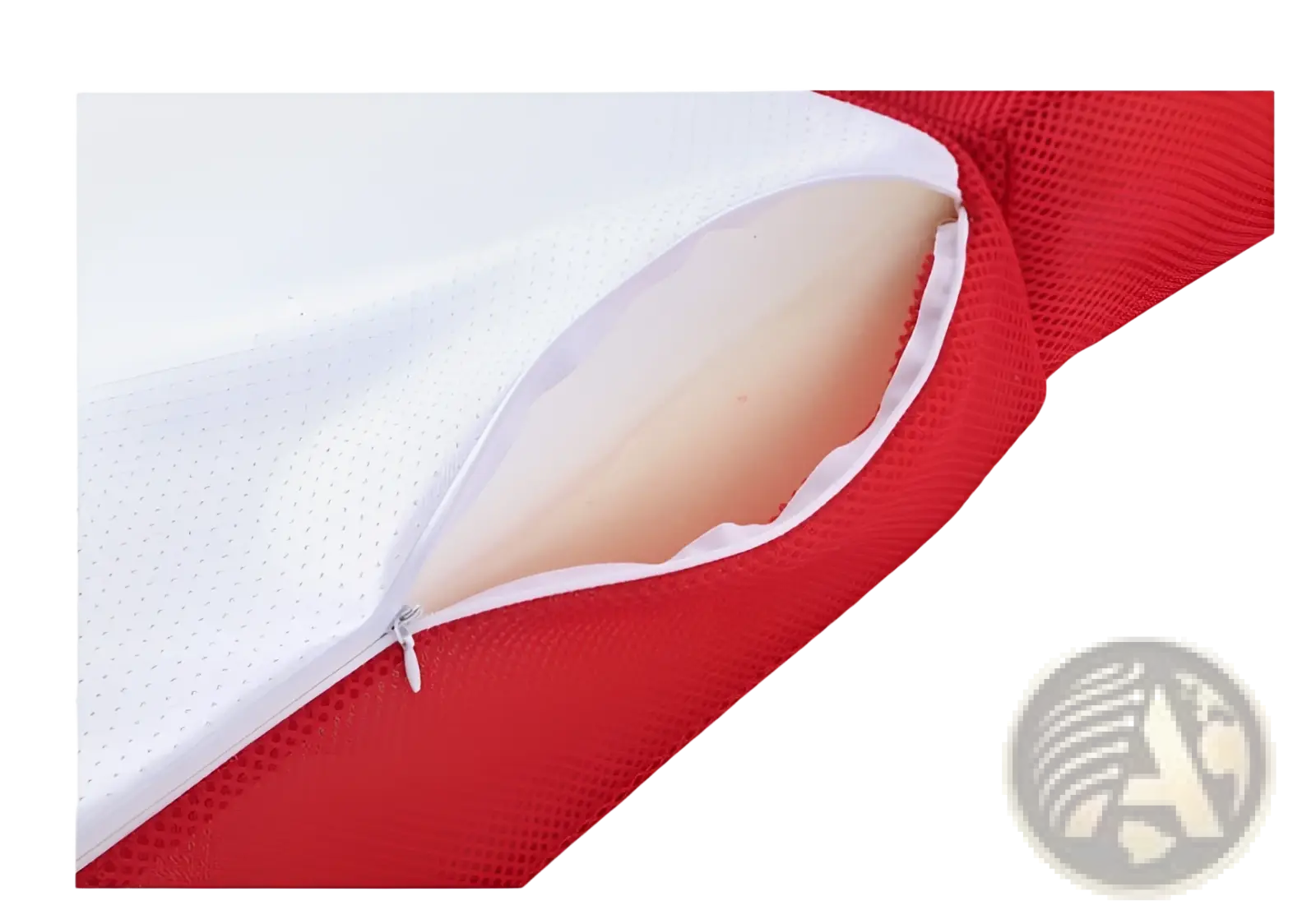 Foldable two-step mesh pet stairs with a red and white mesh-covered pillow and beige foam insert for comfort