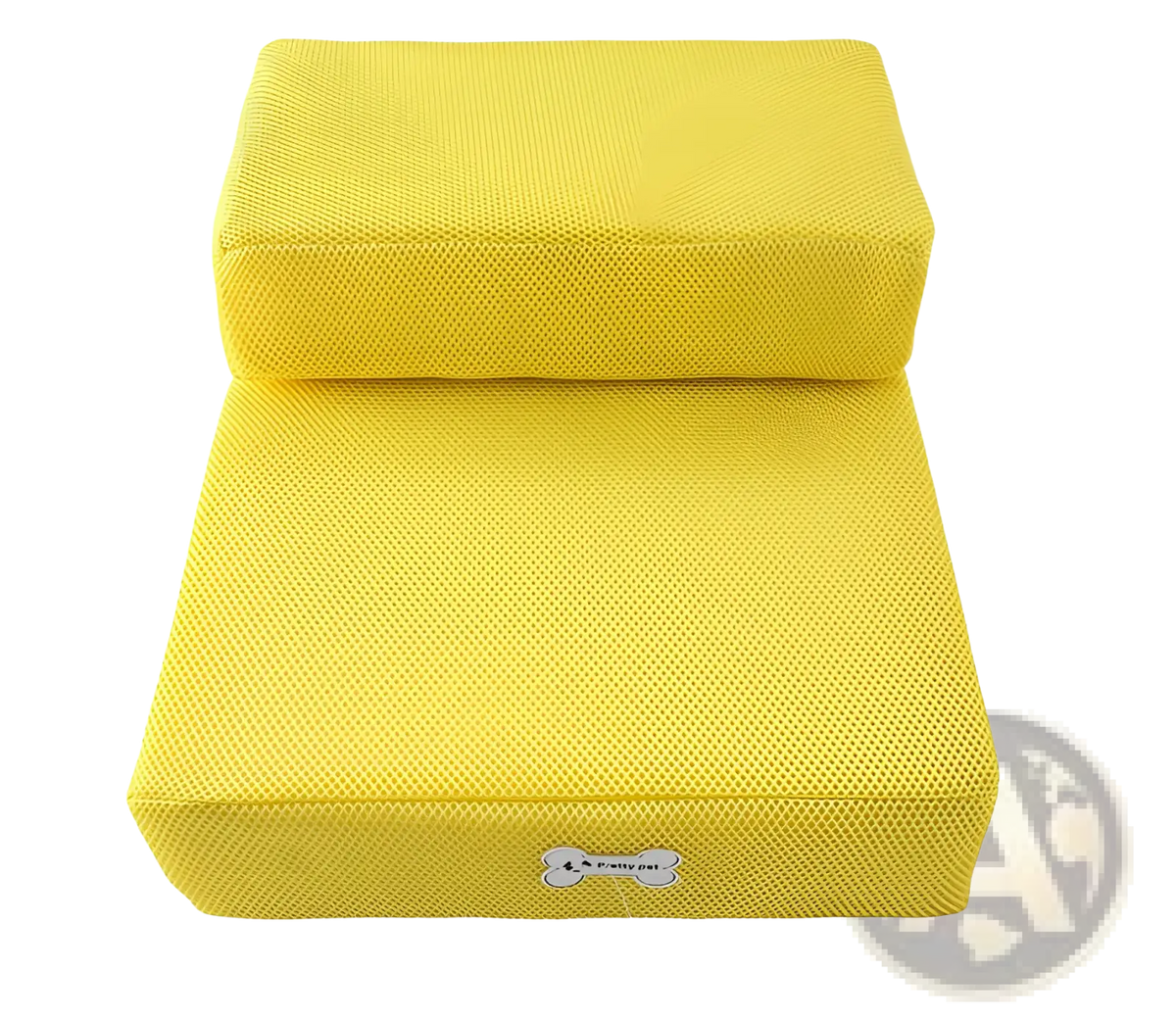 Bright yellow foldable two-step mesh pet stairs with textured fabric surface and bone-shaped logo on lower step
