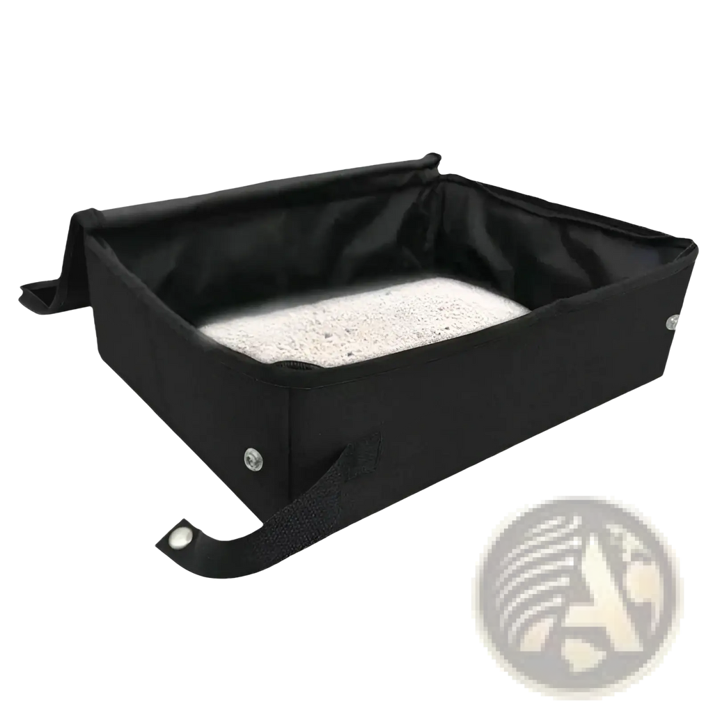 Foldable waterproof gray fabric cat litter box with black fabric sides, white textured litter surface, and reinforced corners