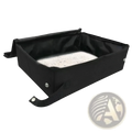 Foldable waterproof gray fabric cat litter box with black fabric sides, white textured litter surface, and reinforced corners