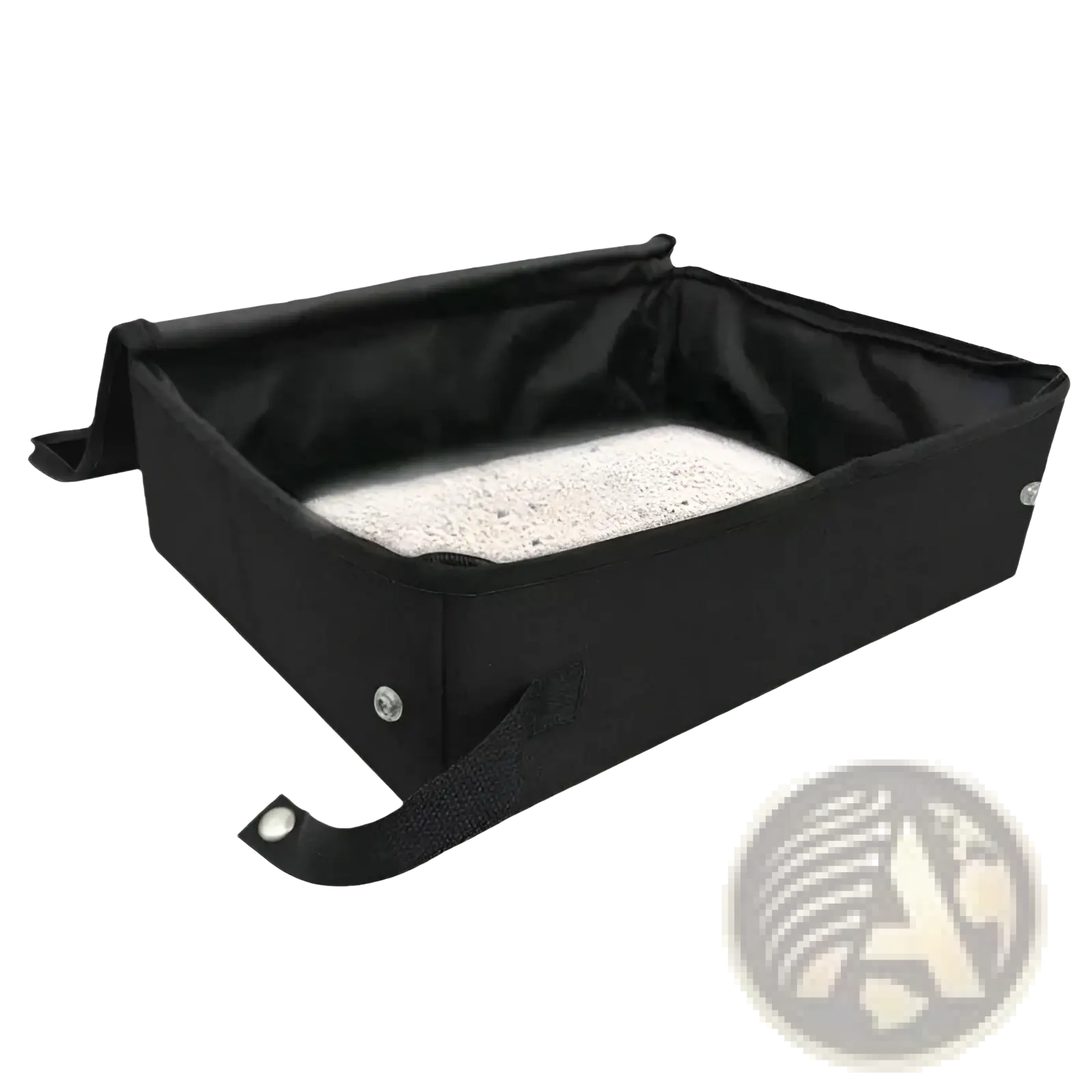 Foldable waterproof gray fabric cat litter box with black fabric sides, white textured litter surface, and reinforced corners