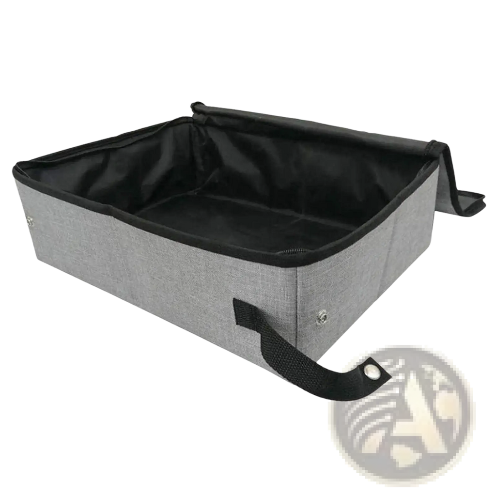 Foldable waterproof gray fabric cat litter box with gray textured storage box, black interior, and detachable strap