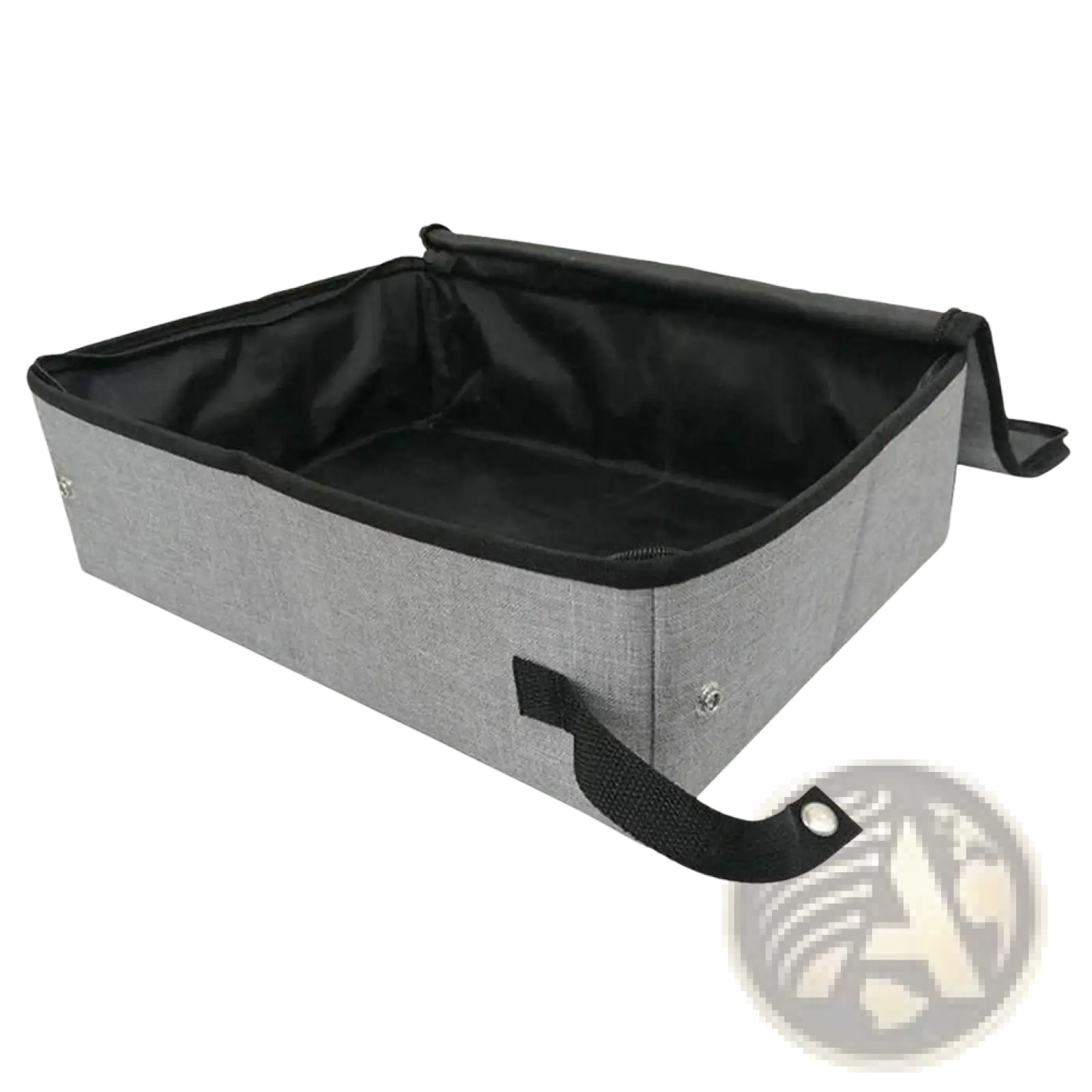 Foldable waterproof gray fabric cat litter box with gray textured storage box, black interior, and detachable strap