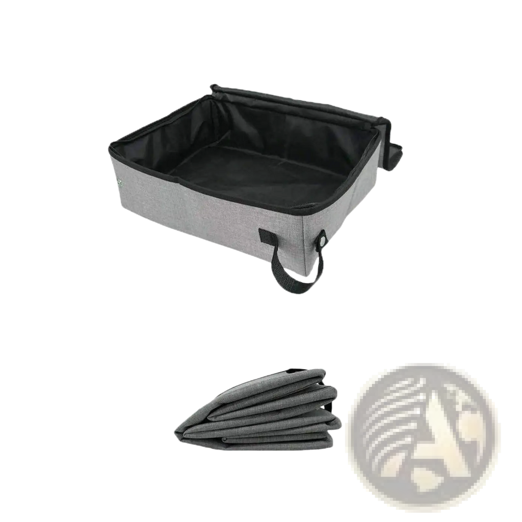 Foldable waterproof gray fabric cat litter box shown unfolded and folded with black interior and handles