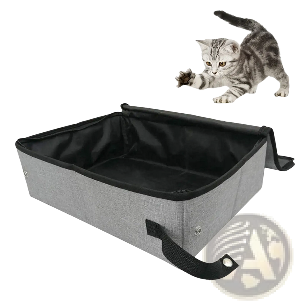 Foldable waterproof gray fabric cat litter box with black interior and carrying strap for easy transport
