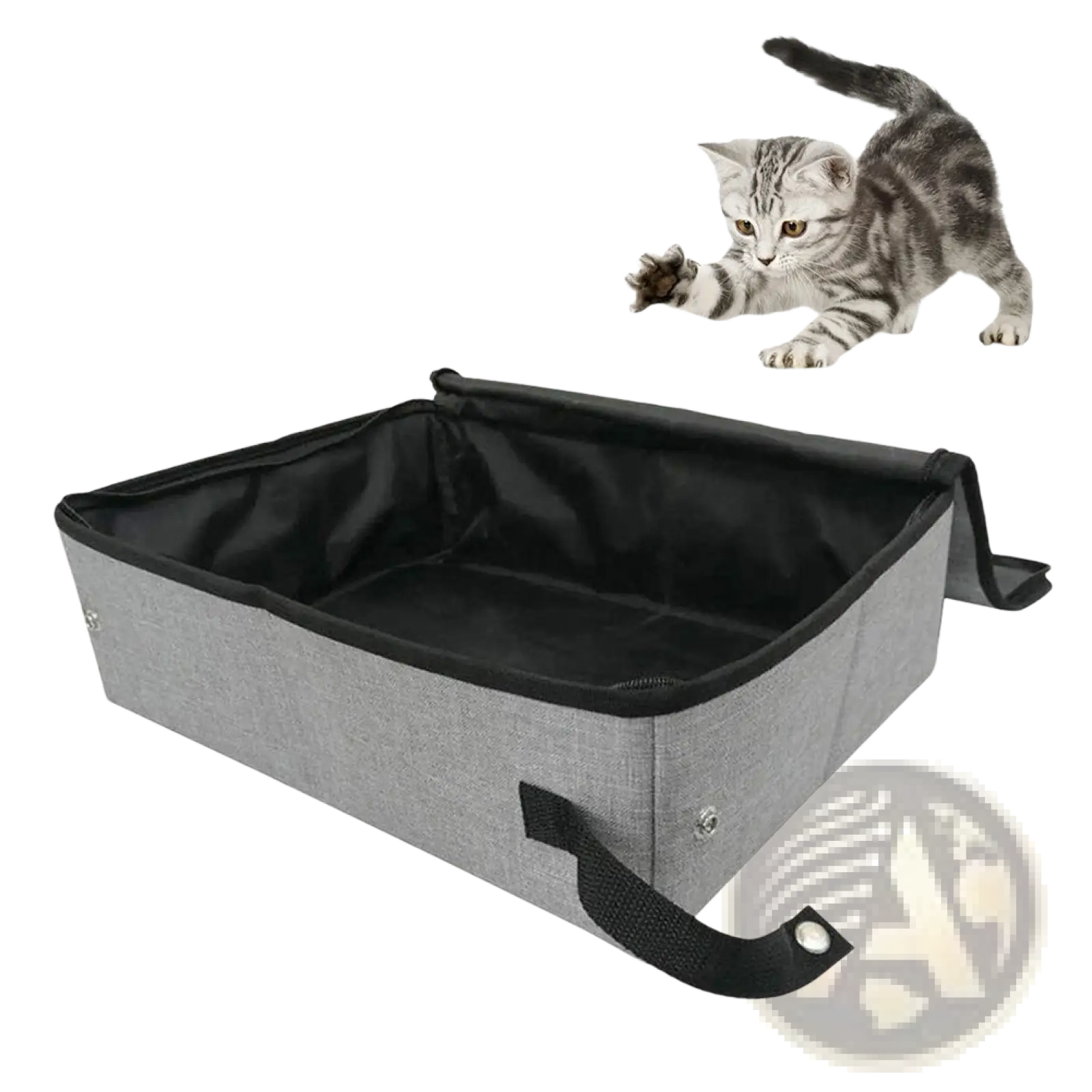 Foldable waterproof gray fabric cat litter box with black interior and carrying strap for easy transport