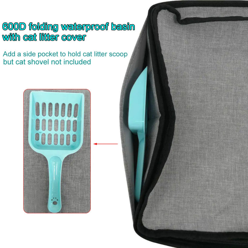 Foldable waterproof gray 600d fabric cat litter box with black trim and side pocket holding teal plastic scoop
