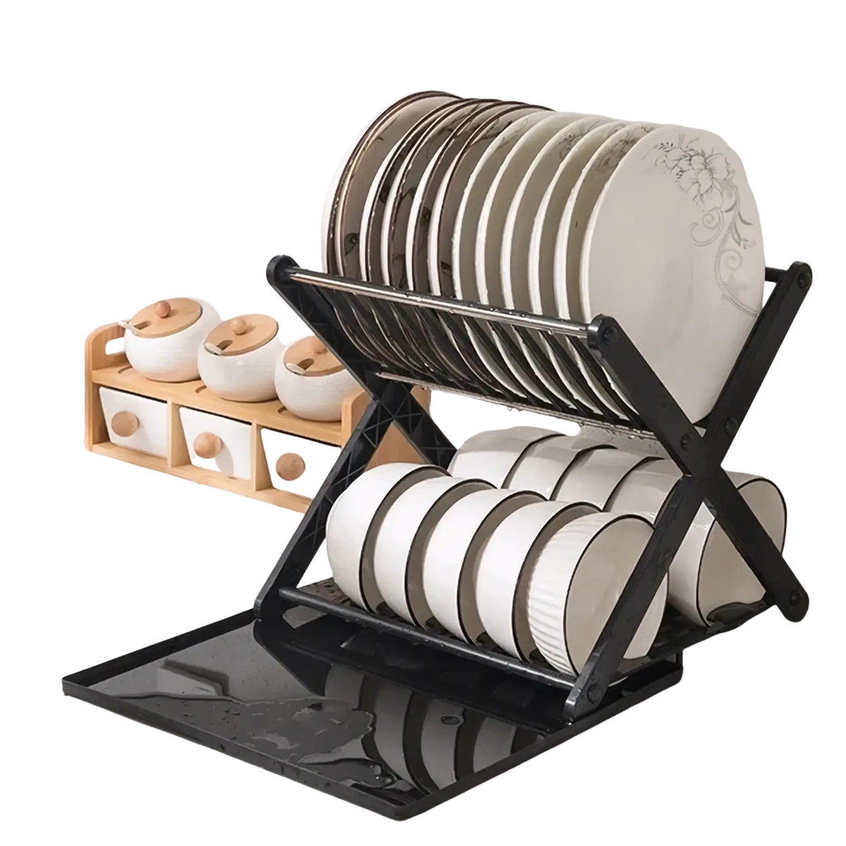 Black foldable x-type double layer dish drying rack holding stacked plates and bowls for kitchen organization