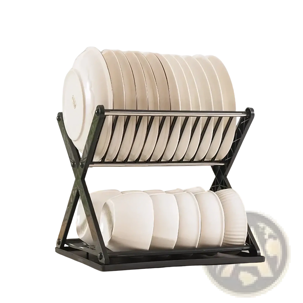 Black foldable x-type double layer metal dish drying rack holding white plates and bowls for kitchen organization