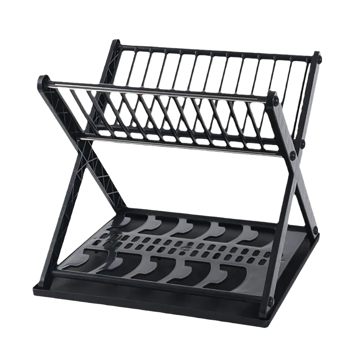 Black plastic foldable x-type double layer dish drying rack with slatted upper shelf and perforated lower tray