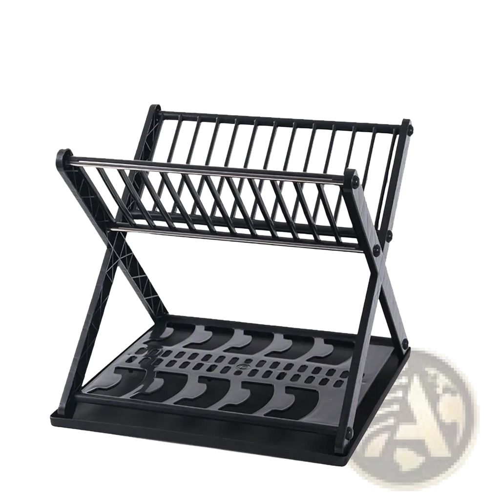 Black plastic foldable x-type double layer dish drying rack with slatted upper shelf and molded lower tray
