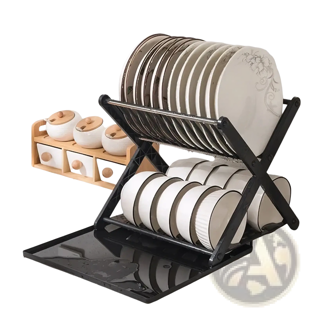 Black foldable x-type double layer dish drying rack holding stacked plates and bowls for kitchen organization
