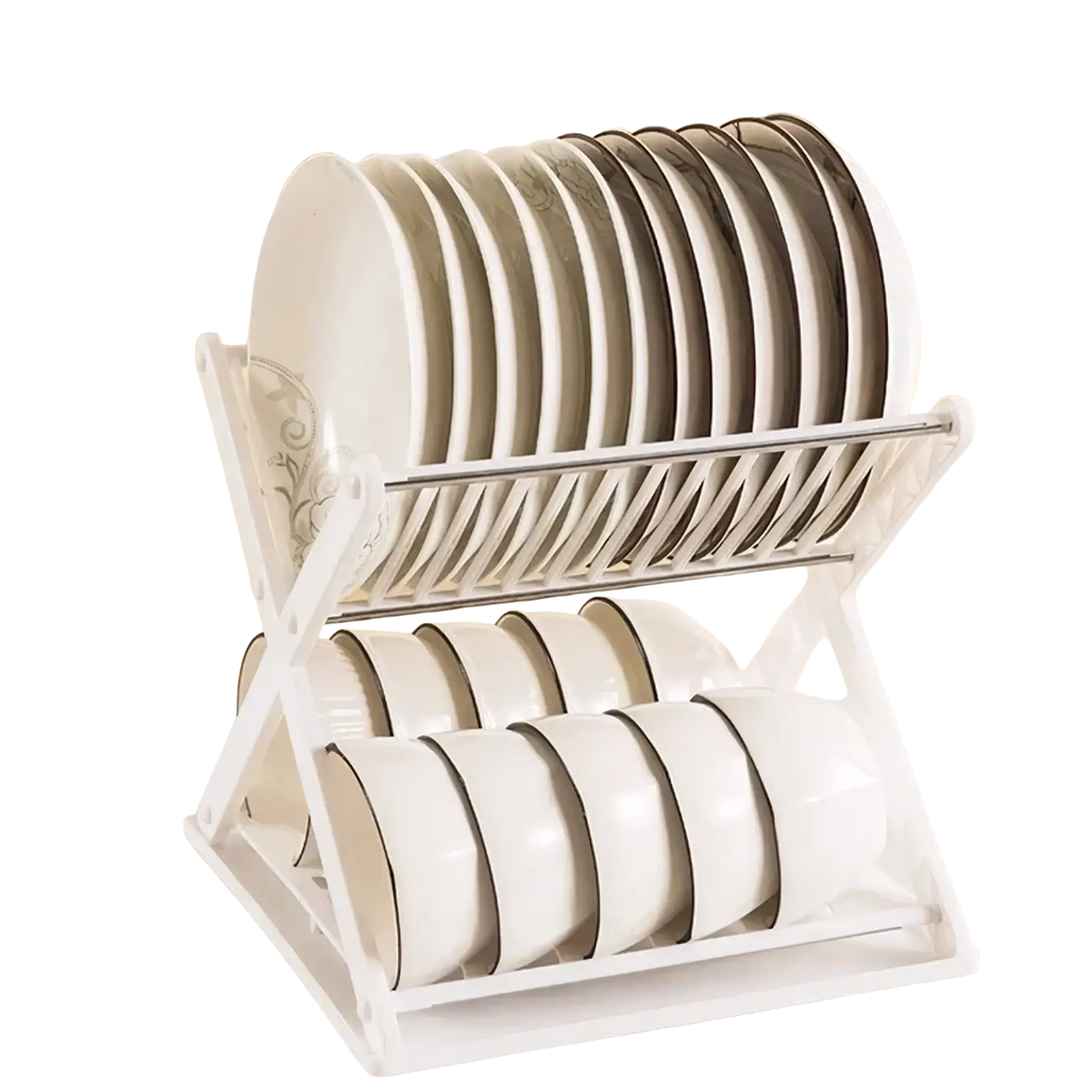 Foldable x-type double layer white plastic dish drying rack holding stacked plates and bowls with dark rim accents