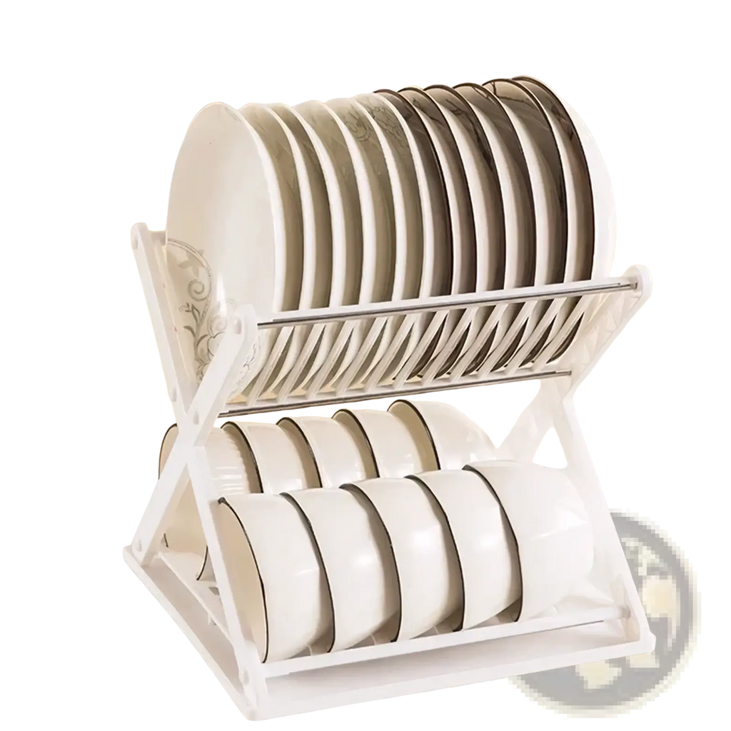 Foldable x-type double layer white plastic dish drying rack holding stacked plates and bowls with dark rim accents