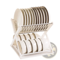 Foldable x-type double layer white plastic dish drying rack holding stacked plates and bowls with dark rim accents