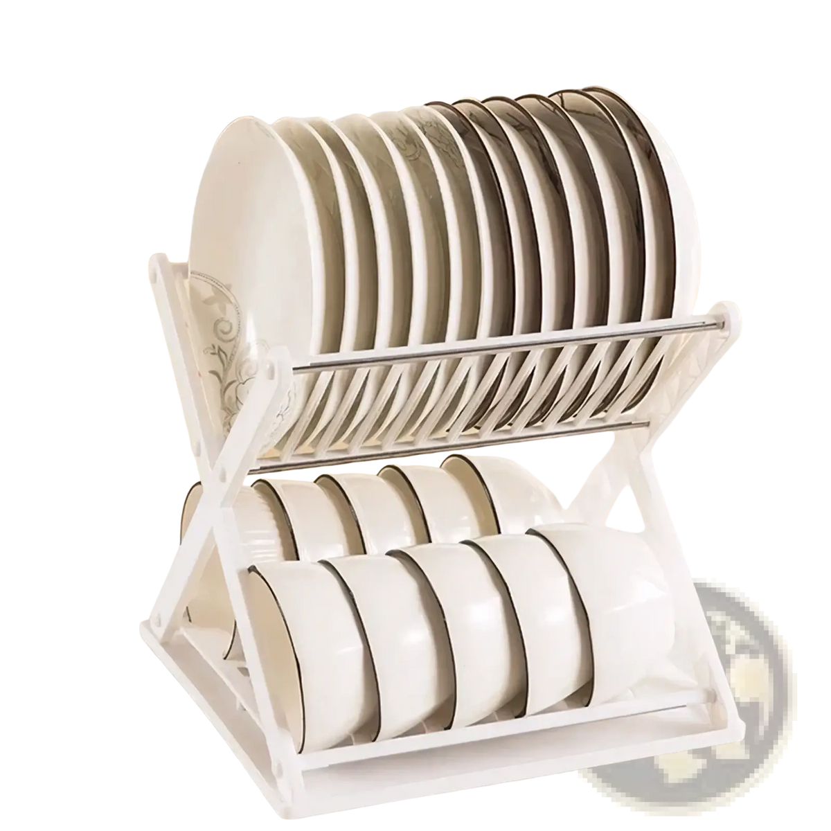 Foldable x-type double layer white plastic dish drying rack holding stacked plates and bowls with dark rim accents