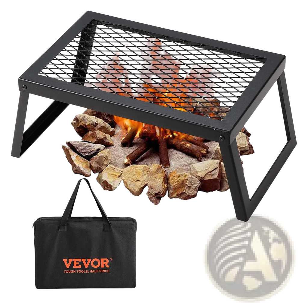 Black metal folding campfire grill with heavy duty steel mesh grate and stone base for outdoor cooking 18in
