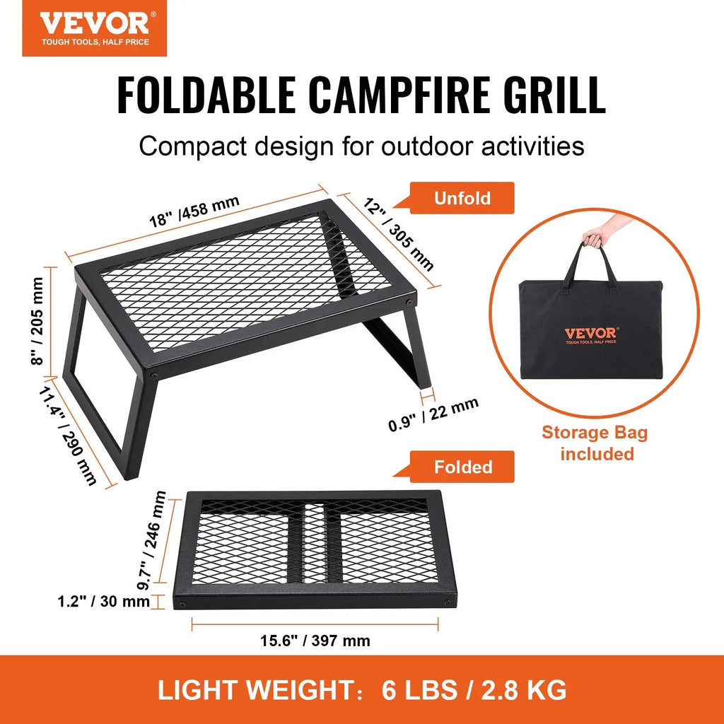 Black foldable campfire grill with heavy duty steel mesh grate and metal frame for outdoor cooking 18in