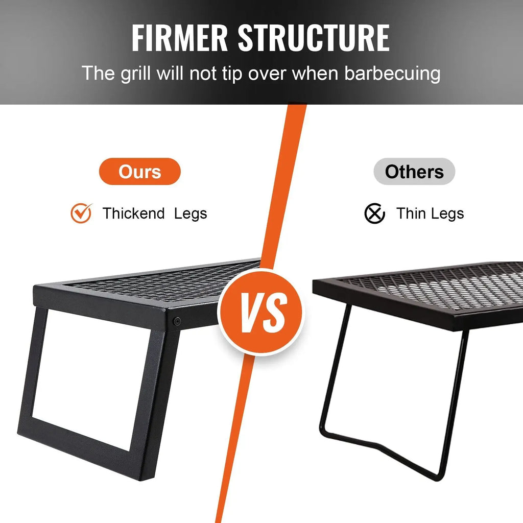 Black metal folding campfire grill with heavy duty steel mesh grate and thickened legs for firmer structure 18in