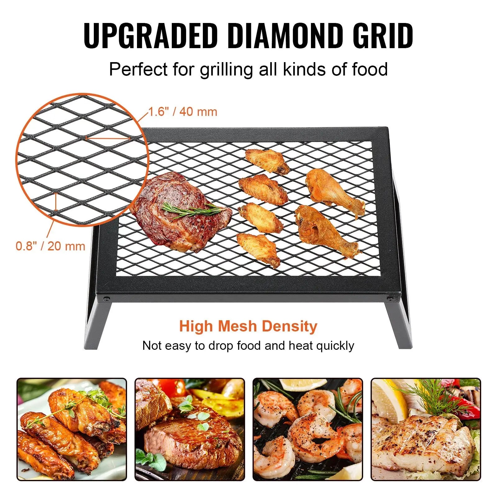 Black upgraded diamond grid grill with high mesh density folding campfire grill heavy duty steel grate 18in for versatile cooking