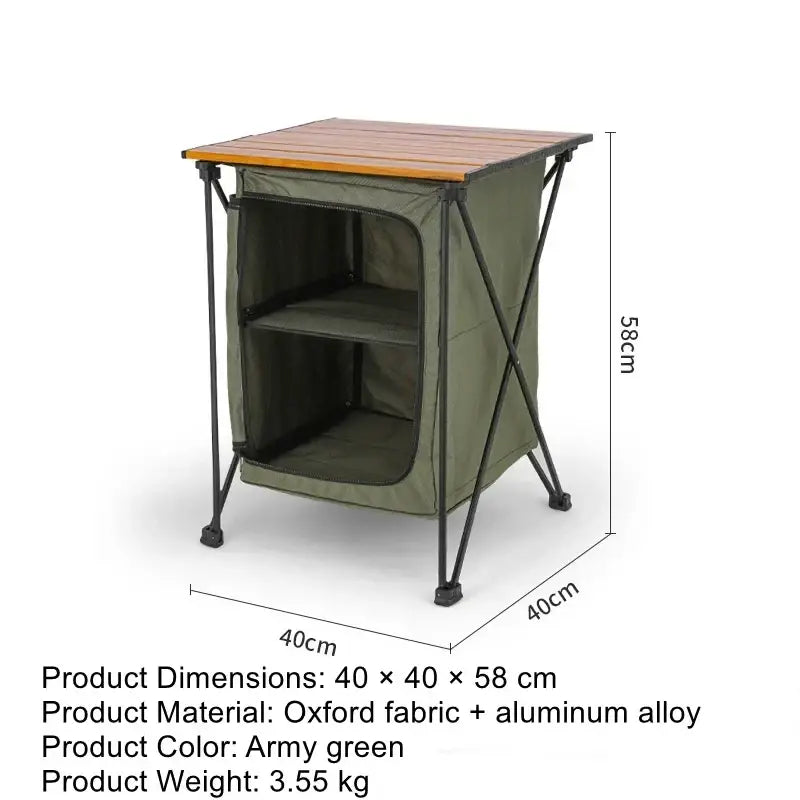 Army green folding camping storage cabinet and table with wooden top and aluminum alloy frame for outdoor use