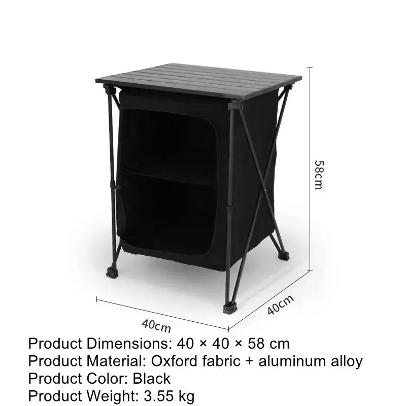 Black portable folding camp table with slatted top and fabric sides made of oxford fabric and aluminum alloy
