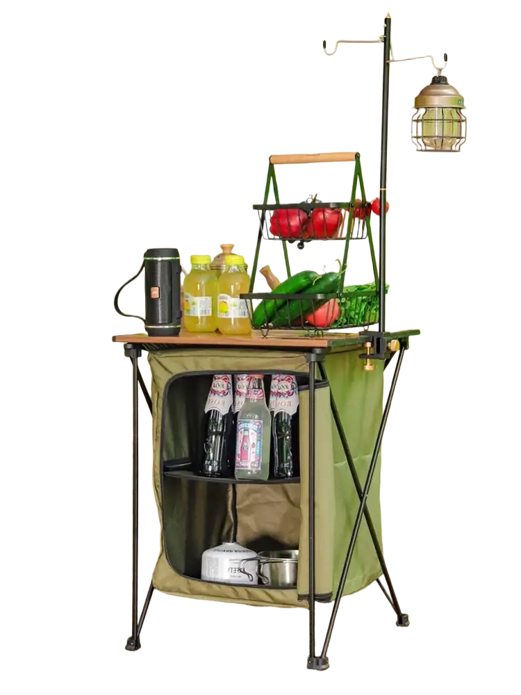 Folding camping storage cabinet and table in olive green with wooden top, olive fabric sides, and black foldable metal frame