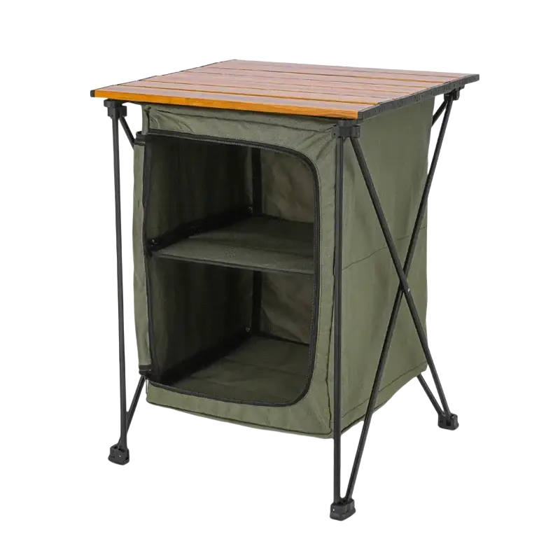 Folding camping storage cabinet and table in olive green fabric with wooden slatted top and black metal frame