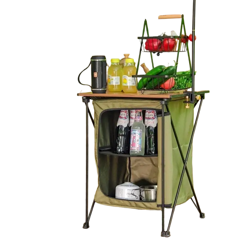 Olive green folding camping storage cabinet with fabric shelves and black metal frame with adjustable shelf